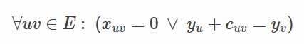 <p>x<sub>uv </sub>= 0 pomeni: med u in v ne prevažamo ničesar</p><p>y<sub>u + </sub>c<sub>uv</sub> = y<sub>v</sub> pomeni: dualna cena u + utež na povezavi uv = dualna cena v</p>