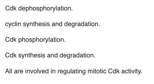 <p><span>Each of the following is involved in regulating mitotic Cdk activity </span><em>except</em></p>