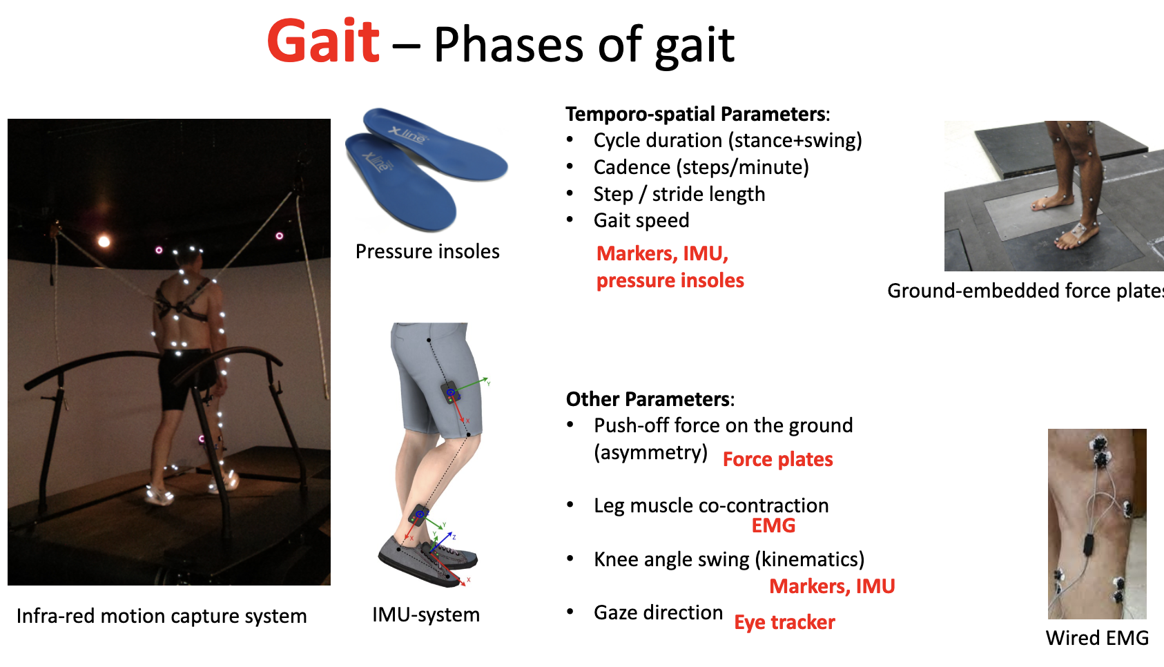 <p>Push-off force on the ground (asymmetry)- force plates</p><p>• Leg muscle co-contraction- EMG</p><p>• Knee angle swing (kinematics)- markers, IMU</p><p>• Gaze direction- eye tracker</p>