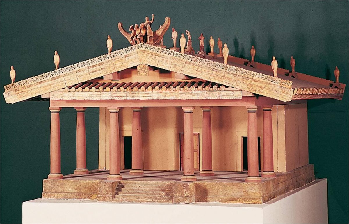 <p><strong>Model of a typical Etruscan temple</strong> of the sixth century BCE (as described by Vetruvius)</p><p>-<span>the primary materials were mostly wood, mud bricks, and terracotta for roof tiles;</span></p>