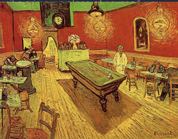 <p><span>Mallarme: "Paint not the thing itself, but the effect it produces."<br><br>"equivalence"<br><br>"I have tried to express the terrible passions of humanity by means of blood red and green, " Van Gogh wrote.<br>"Everywhere there is the clash and contrast of colors....the café is a place where one can ruin oneself, go mad or commit a crime.....a place of nausea."<br><br>glazing:<br>- red on top of green - dark<br>- yellow on top of purple - light<br>- complementary contrasts:<br>do not mix;<br>separate = (dizziness) nausea<br><br>Makes owner ghost like</span></p>