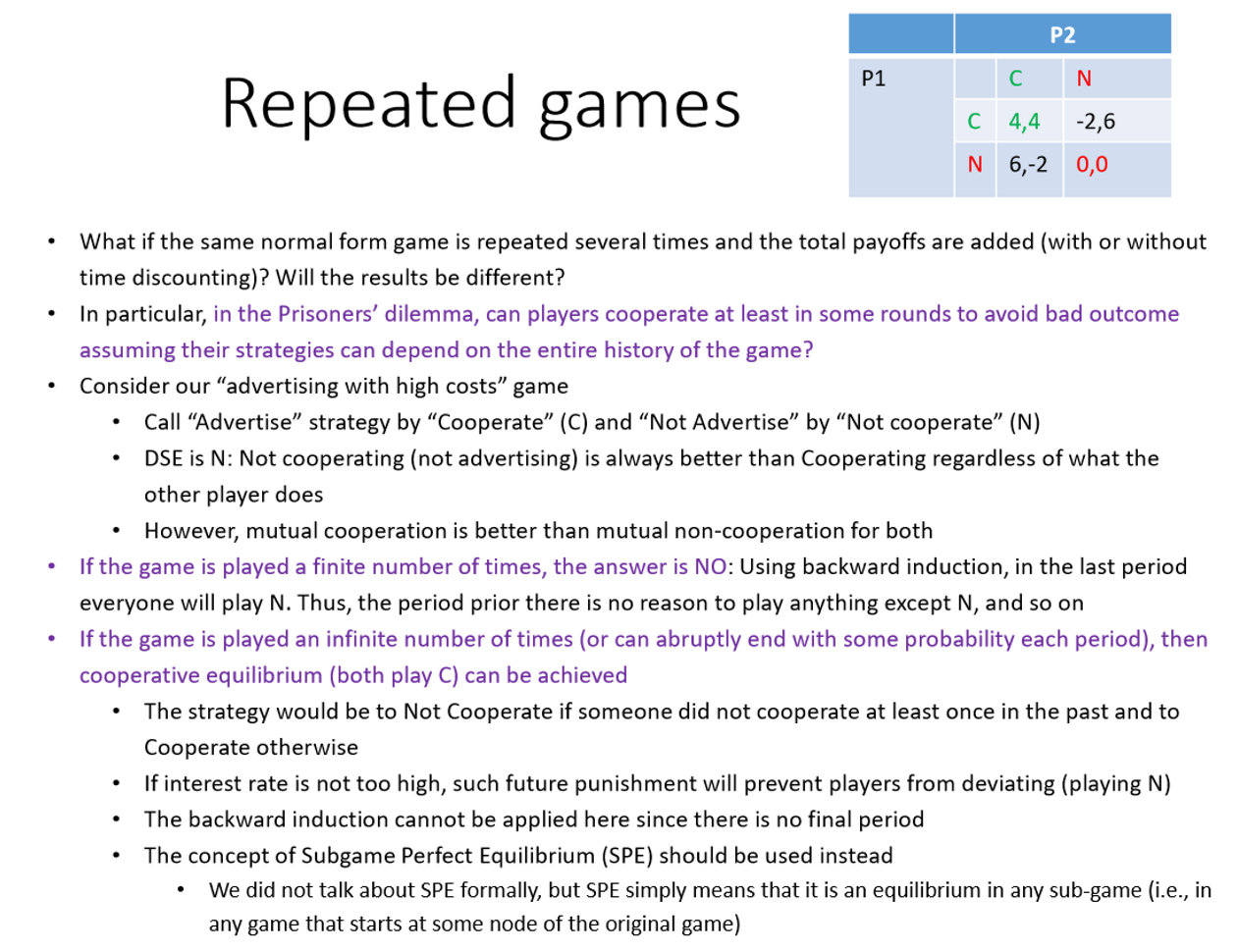 <p>Can players co-operate at least in some rounds to avoid bad outcomes assuming their strategies can depend on history?</p><p>If the game is played a finite number of times, the answer is NO</p><p>If the game is played an infinite number of times, then the cooperative equilibrium can be achieved (both play C)</p>