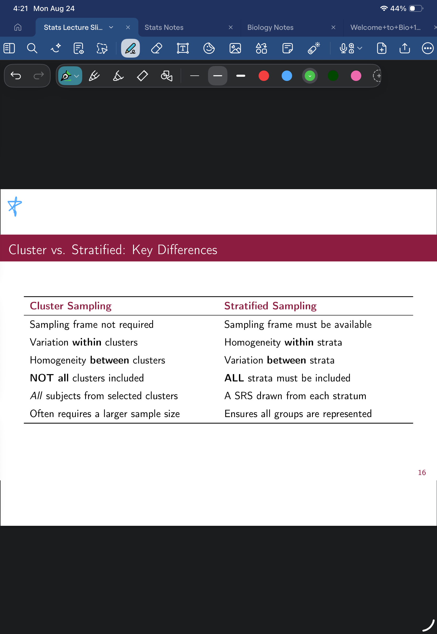 <p>Stratified - All strata must be included; variation between strata, homogeneity within strata</p><p>Random - Not all clusters are included, but all subjects within a cluster are included; variation within cluster, homogeneity between clusters</p>