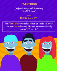 <p>(adj.) humorous, not meant seriously</p>