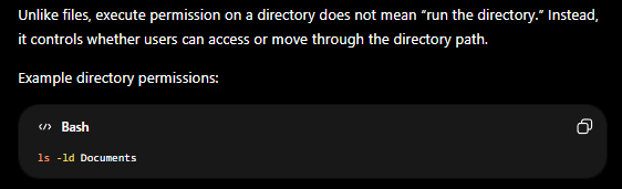 <p>directory execute permission</p>