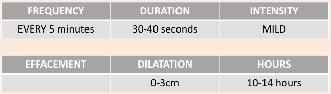 <p>Begins with the establishment of regular contractions (labor pains).</p>