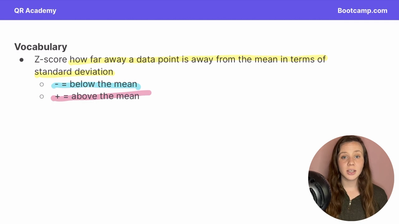 <p>how far a data point is from the mean in terms of standard deviation </p><p>- = below the mean</p><p>+ = above the mean </p><p>for example, -1 z score means one STD bellow the mean </p>