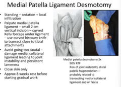 <p>Standing - sedation and local infiltration</p><p>Differentiate from medial collateral ligament!</p><p>Curved bistoury knife.</p><p>Cut close to tibial insertion - under tension dt weight bearing. Will snap / separate quickly. </p><p>8 weeks rest before gradual work.</p>