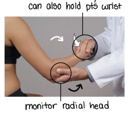 <p>pronation sd = posterior radial head</p><ul><li><p>monitor radial head with one hand</p></li><li><p>other hand holds pt’s wrist</p></li><li><p>supinate pt forearm to engage in barrier</p></li><li><p>pt tries to pronate forearm against resistance</p></li><li><p>bring into new barrier by adding supination</p></li><li><p>repeat 3-5 times + passive stretch</p></li></ul><p></p><p>supination sd = anterior radial head</p><ul><li><p>same set up just opposite movement</p></li><li><p>pronate pt’s forearm</p></li><li><p>pt tries to supinate</p></li></ul><p></p>