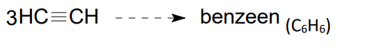 <p>- via destillatie van fossiele brandstoffen</p><p>- condensatie van acetyleen = ethyn:</p><ul><li><p>aaneenschakeling van 3 moleculen acetyleen of ethyn = polymerisatiereactie</p></li></ul><p></p>