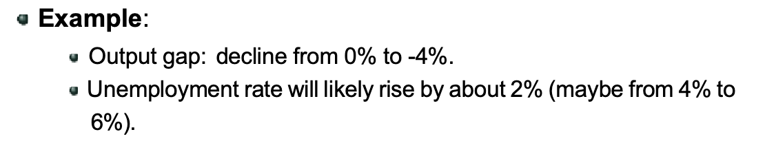 <p>for every percentage point that actual output is less than potential output, the unemployment rate will be around half a point higher</p>