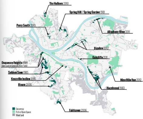 <p>Pittsburgh’s Population less than half it’s 1950 peak.</p><p>Defined as a permanently conserved primarily passive, open space that is stewarded primarily by the community and serves to benefit adjacent a neighborhoods and general public</p><p>12 of these total 605 acres </p>
