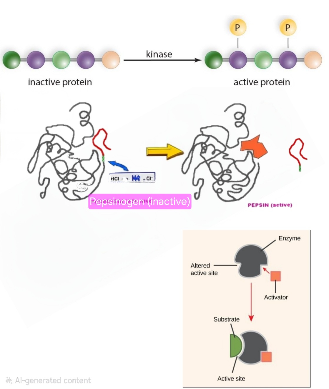 <p>Some enzymes take a long time to activate and aren’t needed all the time</p><ul><li><p>can be turn on/off to regulate enzyme concentration</p></li></ul><p>Inactive enzymes can be activated:</p><ul><li><p>Adding/removing phosphates</p></li><li><p>Cleaving (removing) part of the enzyme to reveal active site</p></li><li><p>Associating with protein or cofactor</p><ul><li><p>Opens up active site</p></li></ul></li></ul><p></p>