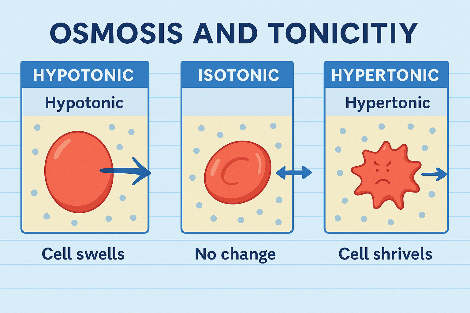 <p>Isotonic- no change</p><p><span>Hypotonic: the bacterial cell gains water and swells to the limit of its</span><br><span>cell wall</span></p><p><span>Hypertonic: the cell loses water and shrinks (shriveling of the cytoplasm)</span></p>