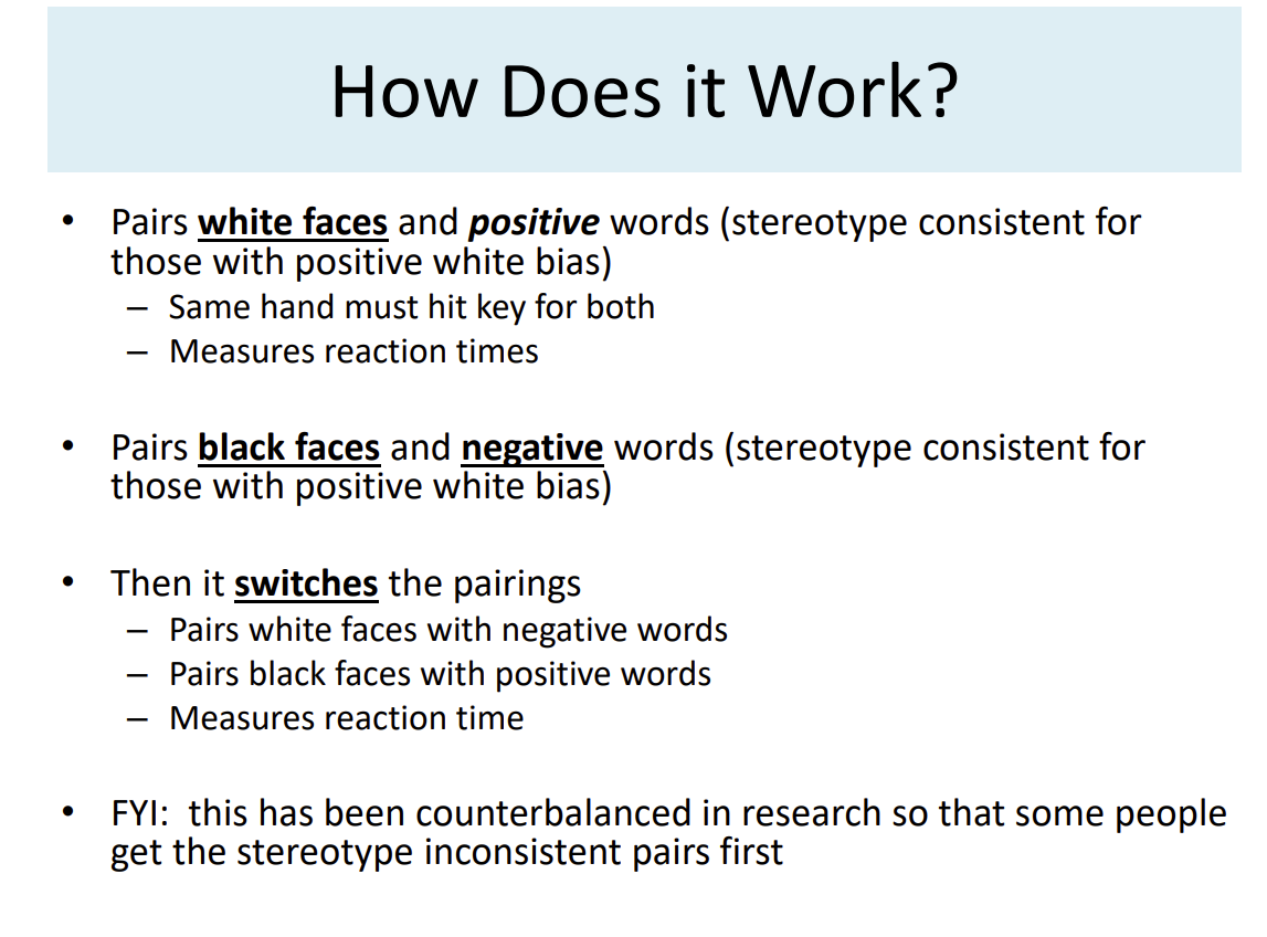 <p>A test measuring automatic unconscious associations using reaction times.</p><p></p><p>Example:</p><ul><li><p>pairing “White faces + good words”</p></li><li><p>pairing “Black faces + good words”</p></li></ul><p></p>