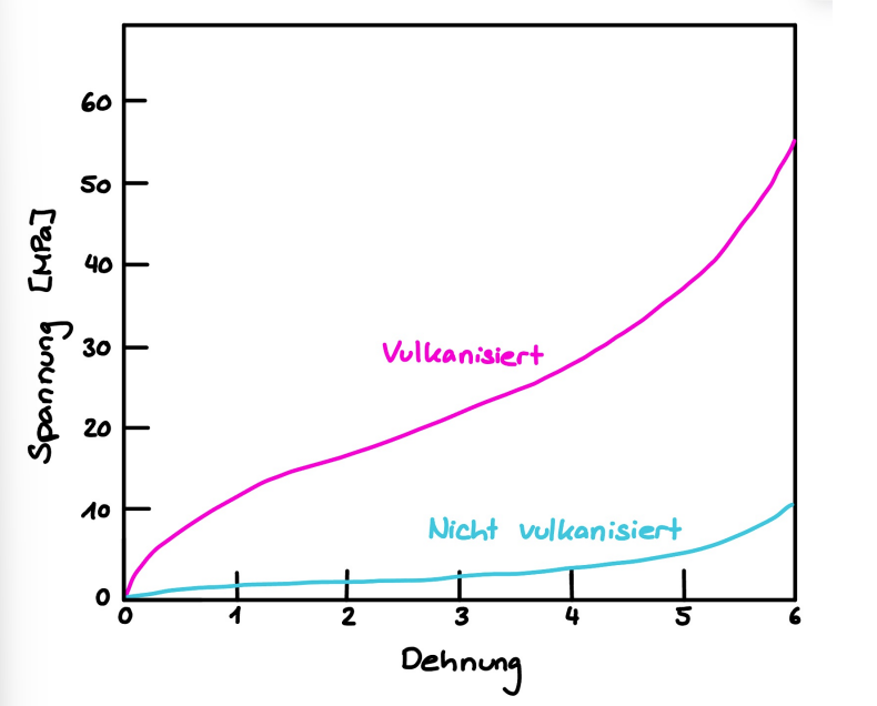 <p>• Vulkanisation: Prozess, der zur Quervernetzung führt → mehr Vernetzungen. Oft wird hierfür in eine noch nicht vulkanisiertes Polymer Schwefel hinzugefügt. Dieser bildet Brücken zwischen den Polymerketten. So wird zB aus klebrigem Kautschuk ein Autoreifen.</p><p>• Bei erhöhter Vernetzungsdichte nimmt der E-Modul proportional zu. </p><p>• Fur dieselbe Dehnung muss bei grösserer Vernetzung mehr Spannung aufgewendet werden. </p><p>• Die maximale Verformung ist bei kleinerer Vernetzung gr¨osser als bei grosser Vernetzung. </p><p>• Da es mehr Vernetzungen gibt, werden die Polymerketten dazwischen schneller auf ein Maximum gestreckt. </p><p>• Die Zähigkeit nimmt bei mehr Vernetzungen zu.</p>