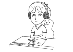 <p>to listen; to hear (~を)</p>