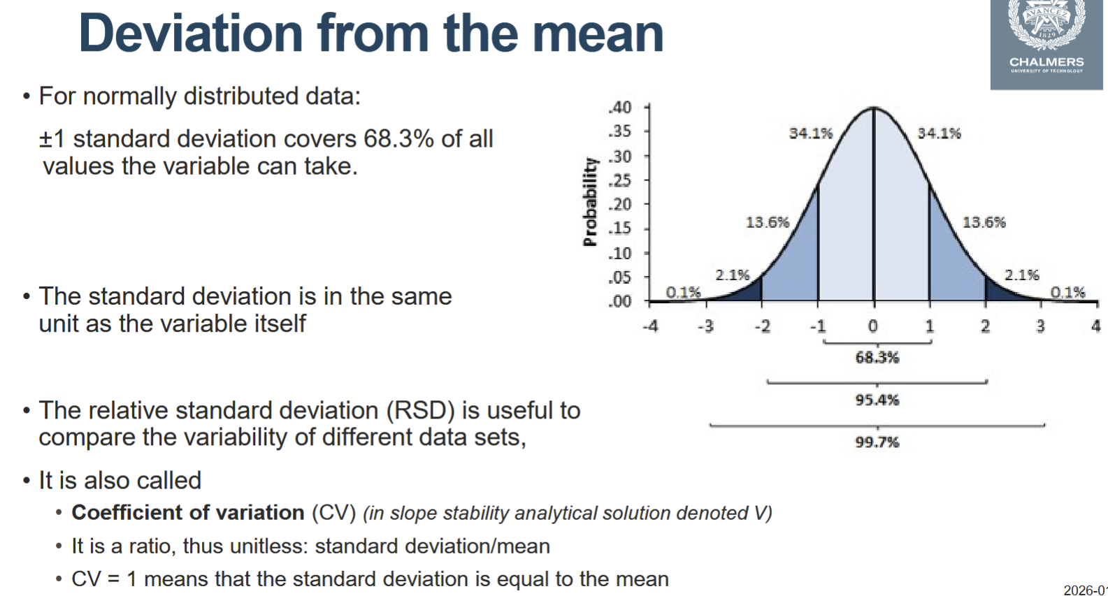 <p><strong>• It is a ratio, thus unitless: standard deviation/mean</strong></p><p>• CV = 1 means that the standard deviation is equal to the mean</p>