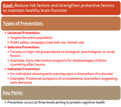 <p>universal (entire populations) </p><p>selective (high risk groups)</p><p> indicated (showing warning signs of a disorder)</p>