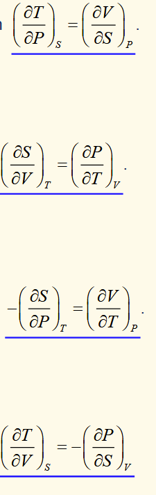 <p>[the variables that are kept constant are the natural variables for the function each relation comes from]</p>