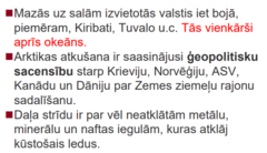 <p>◼Koraļļi vairs neveido simbiozi ar aļģēm, kas ir</p><p>svarīga arī pašiem, tādēļ tie kļūst baltāki un</p><p>trauslāki.</p><p>◼Koraļļu izbalošana ir pirmais solis uz to</p><p>miršanu.</p><p>◼Klusā okeānā globālā sasilšana un ledus</p><p>kušana palielina ūdens līmeni apmēram par</p><p>metru.</p><p>◼Nelielās Klusā okeāna salas kļūst</p><p>neapdzīvojamas.</p>