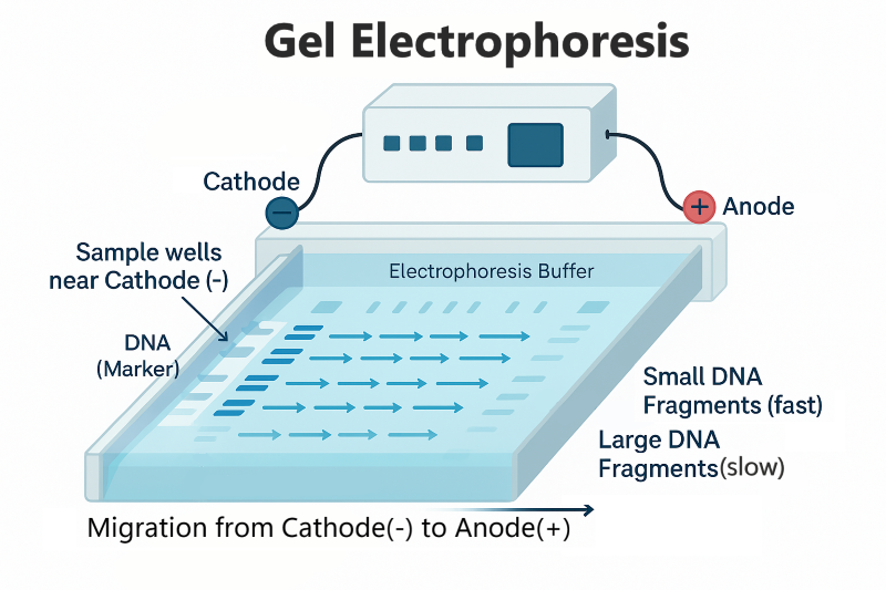 <ol><li><p>gel electrophorisis = used to tell if purification methods are effective</p><ol><li><p>what steps does it use</p><ol><li><p>molecules with electric charges move towerd the feild (negatice cathode to psitive anode)</p><ol><li><p>smaller moleucles move faster and furhte rwhile larger moleucels are pracitcally immoble in teh fluid</p></li></ol></li></ol></li></ol></li></ol><p></p><p>SDS is needed to separate by mase</p><ol><li><p>method</p><ol><li><p>the negatively charged SDS = denatures proteins = binds at a 1:2 ration sds to aino acid protein</p></li><li><p>Betamericapoethanol is added to reduce the disfulfide bond sof the amino acids = li nearization of proteins</p></li><li><p>allows for smaller molecules to move it down</p></li></ol></li></ol><p></p><ul><li><p><strong>Salting out: </strong>A separation technique that takes advantage of the fact that the solubility of proteins varies with the salt concentration. As the salt concentration is increased, different proteins will precipitate at different salt concentrations, a process called salting out.</p></li><li><p><strong>Polyacrylamide Gel Electrophoresis (PAGE):</strong> allows the separation of proteins on the basis of their mass to charge ratios (m/e). Remember gel electrophoresis for DNA? This method sorts proteins using the same properties: charge (which is more variable in proteins than DNA) and mass. SDS-PAGE can be used to separate proteins based on ONLY their masses, because it disrupts proteins charges.</p></li><li><p><strong>Size exclusion chromatography (SEC) (Gel filtration chromatography)</strong>: allows the separation of proteins on the basis of size– which is only slightly different from mass. In this case, there is a porous material that slows down smaller proteins. This might be counterintuitive: <em>larger proteins</em> are separated first, because <em>smaller proteins </em>move more slowly</p></li><li><p><strong>Ion exchange chromatography (IEC):</strong> allows separation of proteins on the basis of charge. This may seem redundant with PAGE, but it uses an entirely different technique of a column that acts as a sort of filter. There are two types, named after which type of protein will stick to the stationary phase.</p><ol><li><p>Anion exchange chromatography: the resin is positively charged, so anions will stick.</p></li><li><p>Cation exchange chromatography: resin is negatively charged, so cations will stick.</p></li></ol></li><li><p><strong>Affinity chromatography (AC):</strong> takes advantage of the fact that some proteins have a high affinity for specific chemicals or chemical groups. Perhaps it is easiest to understand with an example. Maybe you want to find a protein that binds to sugar. So, you coat beads with that sugar, and filter a bunch of proteins through. The proteins that come out of the column do not bind to the sugar. So separate the bound proteins, you do a “wash”</p></li></ul><p></p>