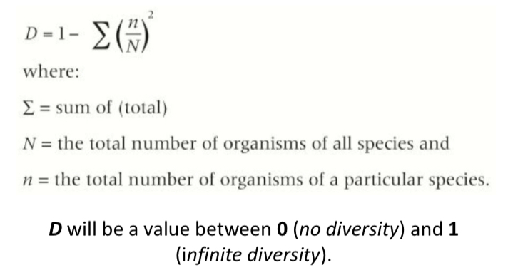 <ul><li><p>It takes into account:</p><ul><li><p>Species evenness: the number of individuals within species within a certain area</p></li><li><p>Species richness: the number of species present</p></li></ul></li><li><p>A higher ‘D’ value indicates a diverse habitat that will be able to withstand a small change to the environment as it may only affect one species that makes up a small part of the habitat</p></li><li><p>Habitats with low genetic diversity e.g. isolated populations include zoo’s, rare breeds, predigrees </p></li></ul><p></p>