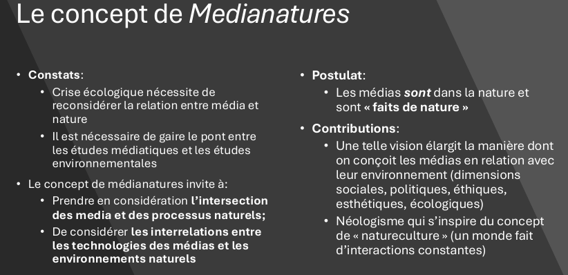 <p>Ces objets sont symptomatiques d’une série d’exploitation → extraction de ressources naturelles, dans des conditions écologique, sociale etc</p><p>vision “écologique” des médias</p><p>→ médianature pour montrer, révéler que les média ne sont pas simplement des objets technologique neutre mais constituer de matière (géophysique) qui permette de dire des choses (dimension politique + écologique)</p>