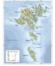 <p>18 submarine mountain ridge islands between the British isles and Iceland. No firm evidence of colonization. Irish monks (Papar) that were seeking quiet may have lived here before the vikings came, no firm pre-viking settlements. Grim Kamban first Norse settler, after leaving due to King Harald Fairhair, caused the monks to leave and go back to Ireland. Lots of sheep here, main export = wool. Under Norweigian rule in 11th century.</p>