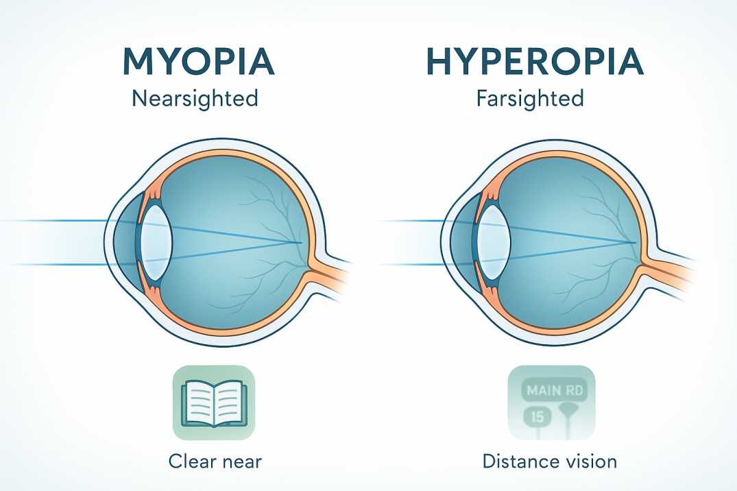 <p>PP: refractive disorder<br>focal point of light rays→behind the retina</p><p>E: farsightedness<br>foreshortened globe</p>