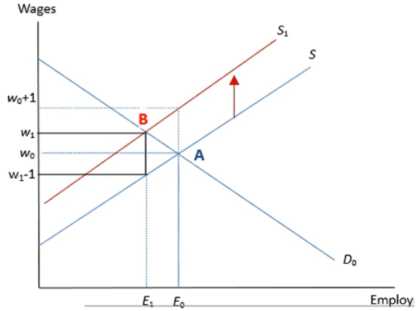 <p>> Increases the cost of working for workers, shifting the Supply curve up</p><p>> The new equilibrium wage is w1 + the new equilibrium employment is E1 (Point A to B)</p><p>> The workers, however, receive an actual wage of w1-1</p>