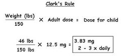 <p>a child's weight (in lbs) should be divided by 150 to obtain the fraction of the adult dose that should be given to the child!!!!!</p>