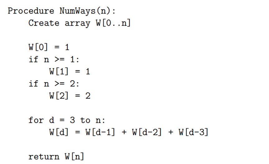 <p>OP T (d) = OP T (d − 1) + OP T (d − 2) + OP T (d − 3)</p>