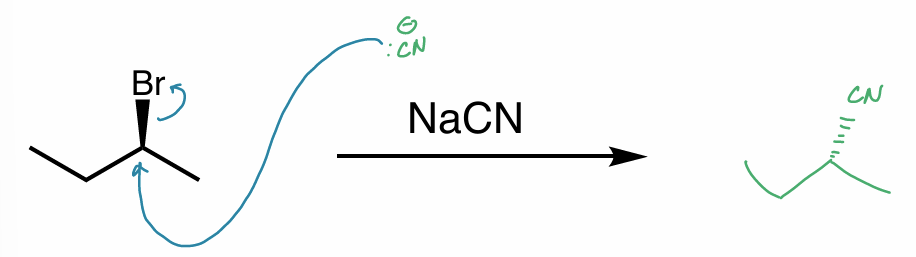 <ol><li><p>SN2</p></li></ol><ul><li><p>backside attack </p></li><li><p>can only tell if have chiral center </p></li></ul><p></p>