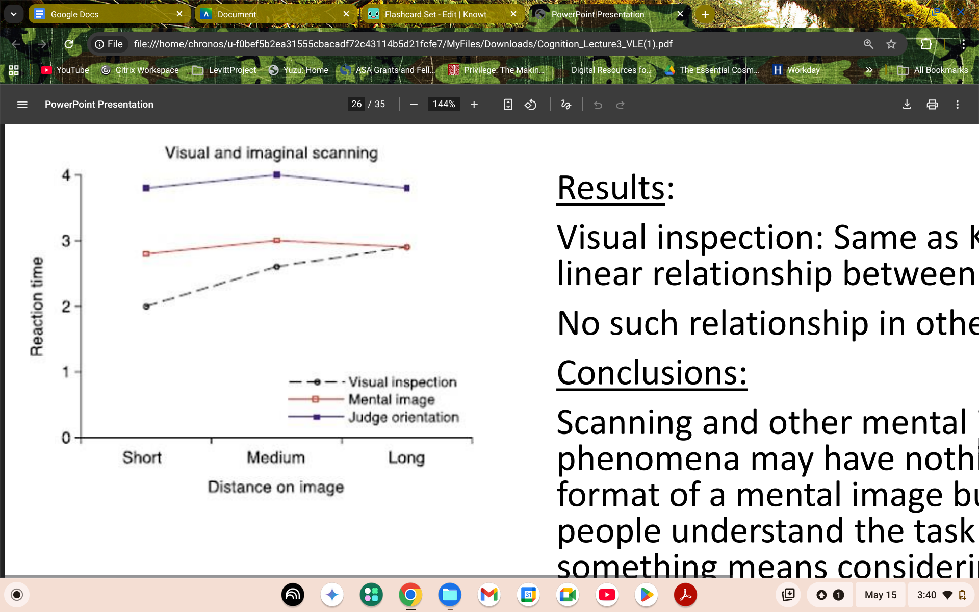 <p>Visual inspection: linear relationship between RT and distance </p><p>no such relationship in other two conditions</p>