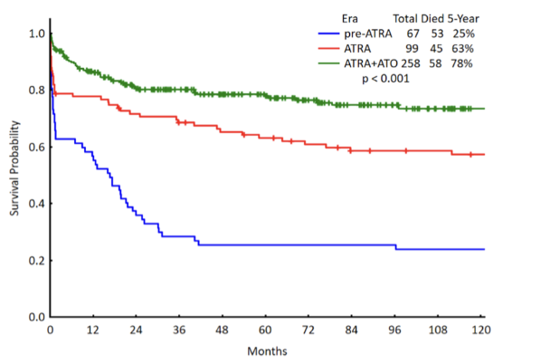 <ul><li><p>Historical (pre-ATRA): <strong>very poor survival</strong></p></li><li><p><strong>ATRA alone</strong> improves outcomes</p></li><li><p><strong>ATRA + arsenic trioxide (ATO)</strong> gives best outcomes</p></li><li><p>Dramatic increase in <strong>long-term survival probability</strong></p></li><li><p><strong>Current complete cure rate ≈ 94%</strong></p></li><li><p>Demonstrates success of <strong>targeting cellular plasticity (differentiation therapy)</strong></p></li></ul><p></p>