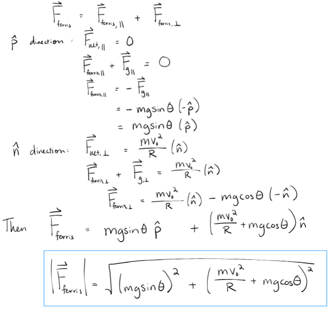 <p>break up the Fnet into parallel and perpendicular components. set Fnet_parallel to zero due to constant velocity. set Fnet_perpendicular to its definition. Finally, add up the parallel and perpendicular components from the ferris wheel, and find the magnitude of that sum.</p>