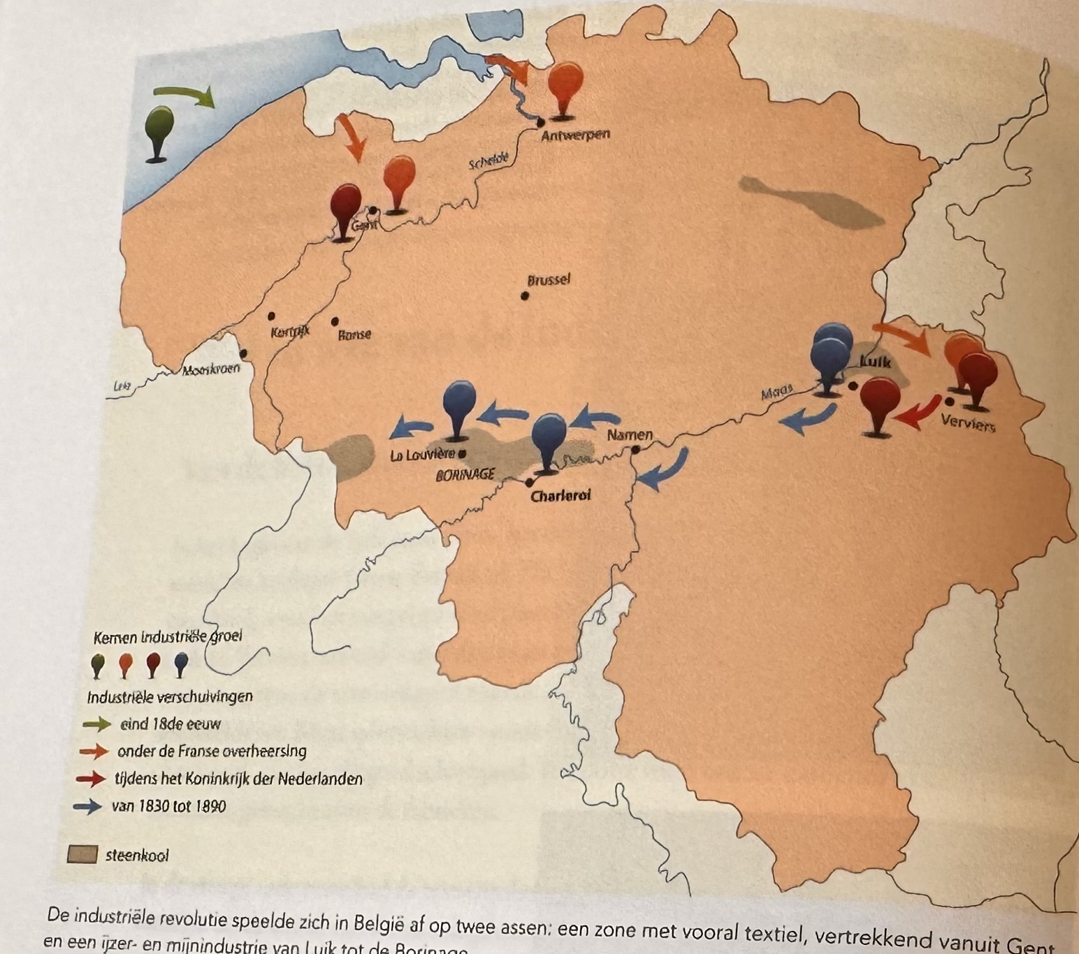 <p>Langs welke twee grote geografische assen speelde de industriële revolutie zich in België voornamelijk af volgens de overzichtskaart?</p>