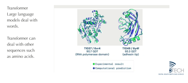 <p>● First time computer program successfully predicted 3d structure of tertiary protein from primary structure (breakthrough)</p><p>● LLM and Protein Structure</p><p>○ Concept: continuous information (one word follows another word follows another word)</p><p>○ Protein follows another aa follows another aa…</p><p>○ Repurposing LLM based on transformers, but talking about amino acids</p><p><span>■ Aa became the language of LLMs </span></p>