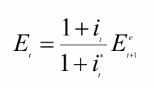 <p>This relations tells us that the current exchange rate depends on the domestic interest rate, on the foreign interest rate, and on the expected future exchnage rate</p>
