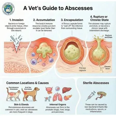 <p>An sequelae (outcome of necrosis): An <strong>abscess</strong> is a <strong>localized collection of pus</strong> within tissue (that form when pus builds up in a tissue)</p><ul><li><p>Abscesses can heal in two ways:</p><ul><li><p>By forming a thick fibrous capsule around the pus (like in sequestration)</p></li><li><p>Or by bursting</p><ul><li><p>Where the pus breaks through surrounding tissue and drains to the surface or into a nearby body cavity.</p></li></ul></li></ul></li></ul><p></p>