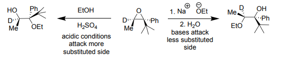 <p>Epoxide Opening:</p><p>1. Epoxide Protonation</p><p>2. Backside attack of Nuc</p><p>-Acidic Conditions (ACID: H2SO4) attack the MORE substituted side</p><p>-Basic Conditions (BASIC: NaOEt) attack the LESS substituted side</p>