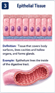<p>Tissue that covers body surfaces, lines cavities and hollow organs, and forms glands. </p>