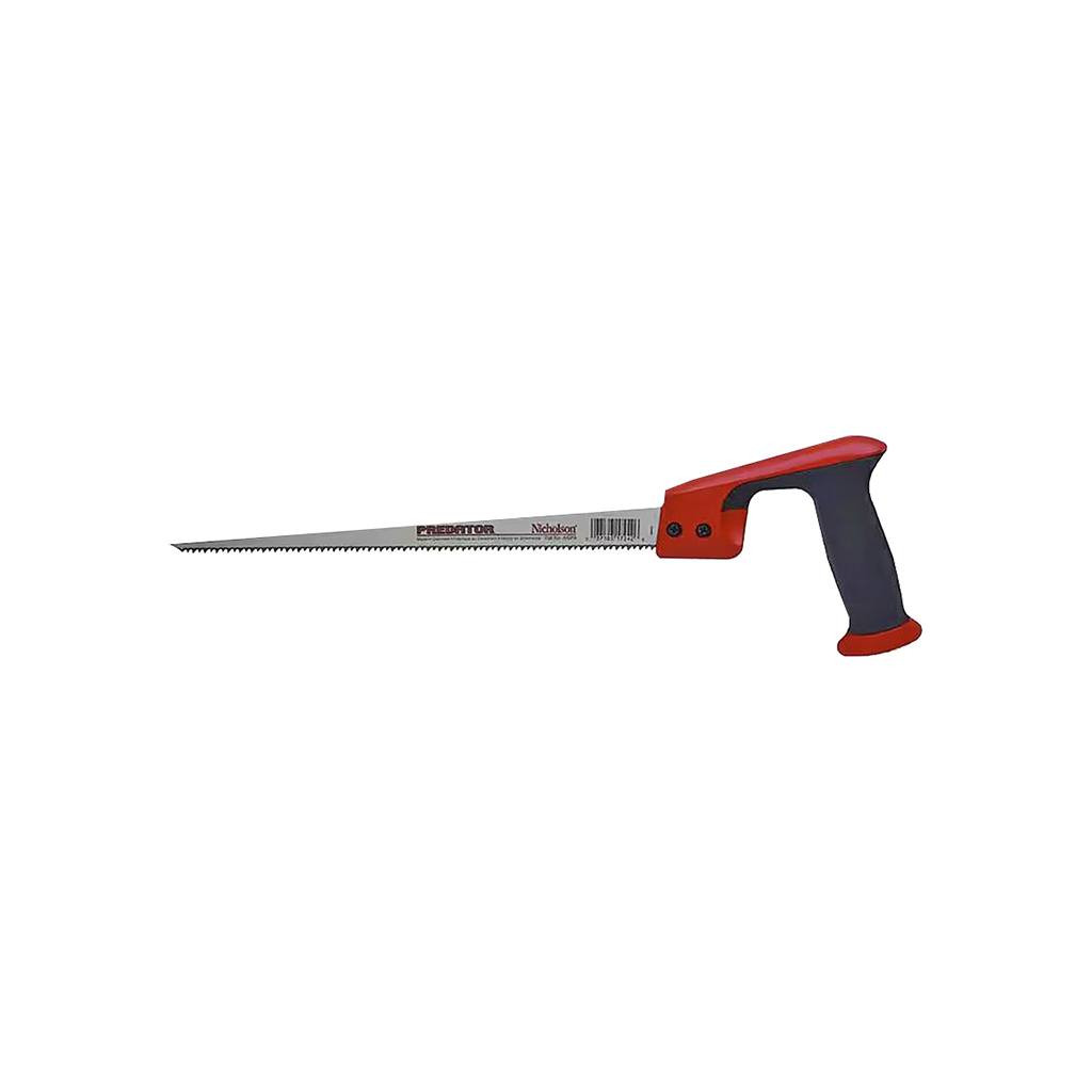 <p>Narrow-blade hand saw with a pointed tip and small teeth used for cutting curves and interior openings, often inserted into an auger-drilled hole to start cuts in tight spaces.</p>