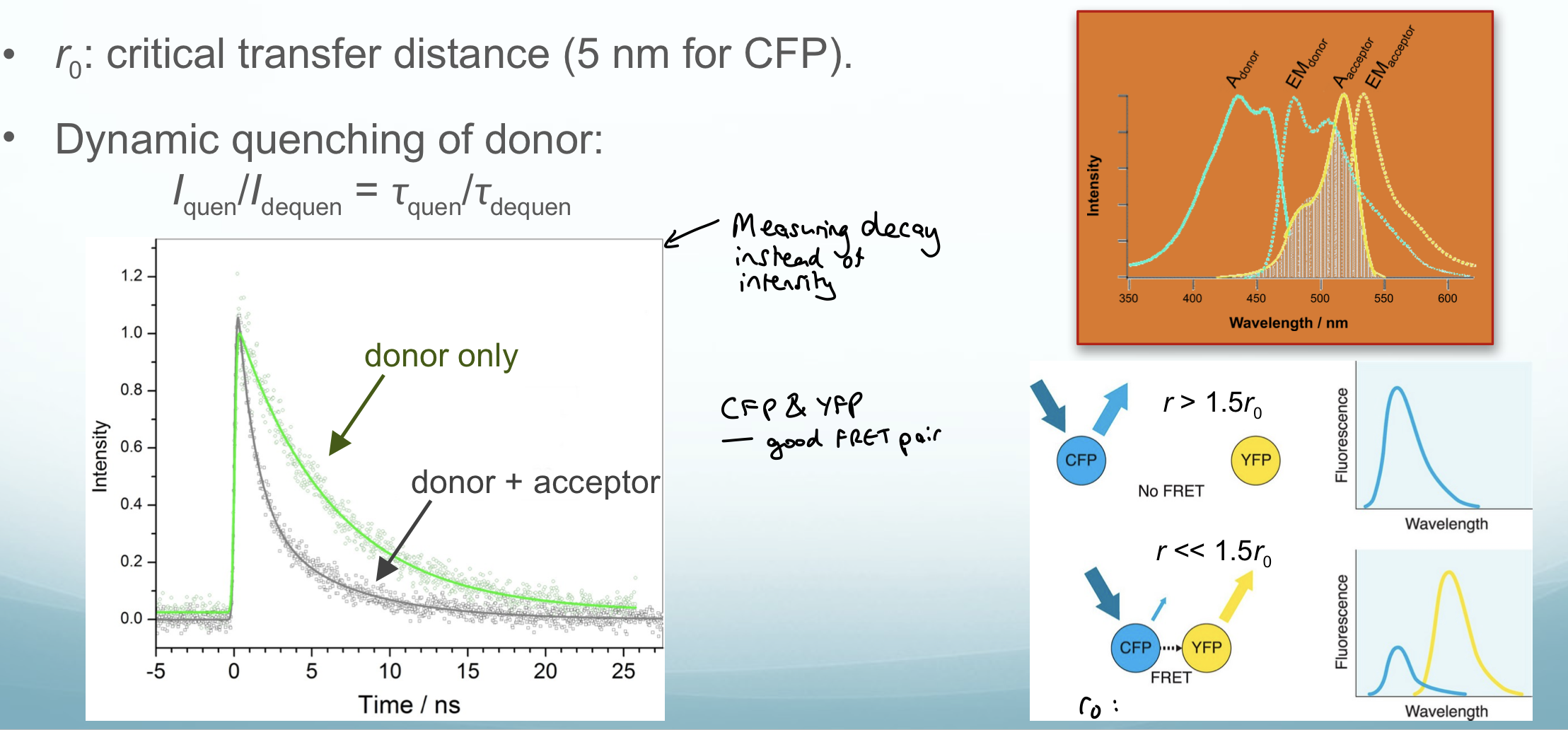 <p>FRET</p><p>Even more sensitive than CD</p><p>O<span>ne strand labelled with donor, complementary strand with acceptor. </span></p><ul><li><p><span>In dsDNA: strands close → FRET seen. </span></p></li><li><p><span>On heating above Tm: strands separate → loss of FRET. </span></p></li><li><p><span>Sigmoidal curve midpoint = Tm.</span></p></li></ul><p></p><p>When the distance between fluorophores is less than the critical distance, FRET occurs</p><p>Produces a spectrum where the donor peak is a lot smaller than the acceptor peak and there is overlap in wavelength</p><p>Measuring <strong>fluorescence decay gives a better signal: noise ratio</strong> than if fluorescence intensity was measured since samples scatter light</p><p></p>
