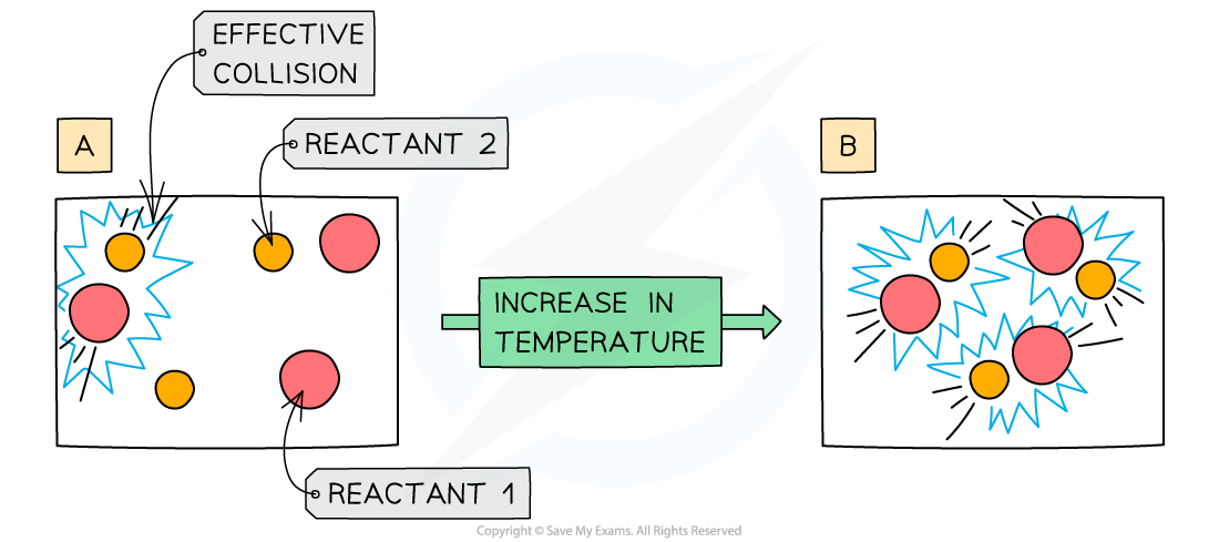 <ul><li><p>Increasing the temperature means that the particles have more kinetic energy</p><ul><li><p>This causes more collisions per second</p></li><li><p>Leading to more frequent and successful collisions per second</p></li><li><p>Therefore, the rate of reaction increases</p></li></ul></li></ul><p></p>