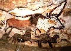<p>Form:</p><p>-naturalistic charcoal drawings in a cave</p><p>-natural materials: plants, charcoal, iron ore</p><p>-twisted perspective</p><p>- human are stick figures while animals are realistic looking</p><p>Content:</p><p>- pictures animals in motion</p><p>- pictures on top of pictures (all from different artists from many time periods)</p><p>-cows, bulls, horses, deer </p><p>-650 paintings</p><p>Function:</p><p>- to show an animal ritual (very unusual to find pictures of humans/hunting)</p><p>-ancestral animal worship </p><p>Context:</p><p>-sacred place (deep in a cave)- in situ</p><p>-not a dwelling because the creators of these were nomads</p><p>-Paleolithic Europe- Lascaux, France</p>