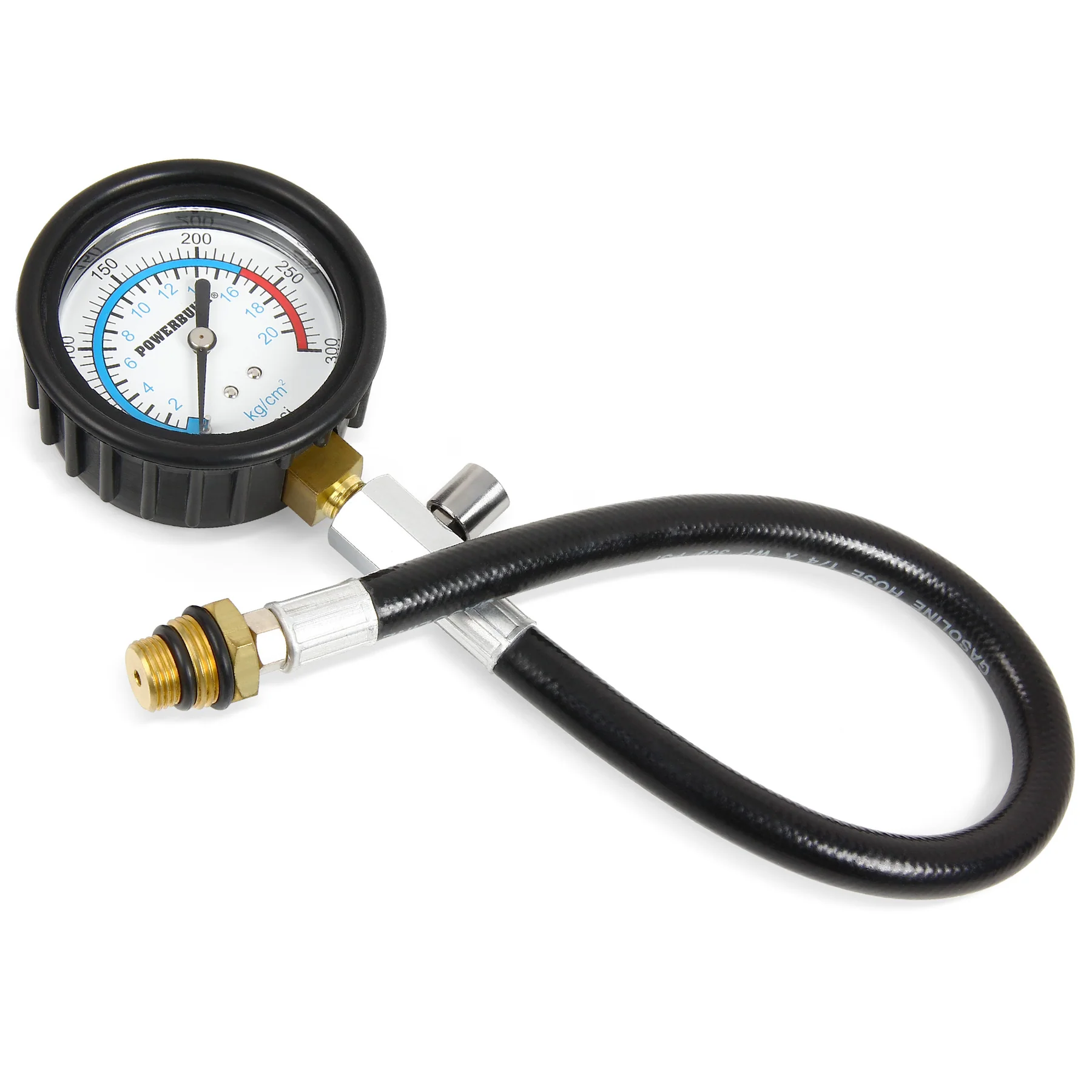 <p>Dial-type pressure gauge with threaded fitting, measuring fluid or air compression from 0–300 psi, used for testing pressure levels.</p>