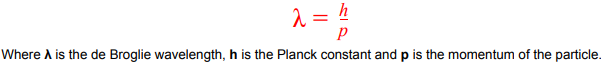 <p>Relating particles as waves and particles as the wavelength of any particle can be found using this equation</p>