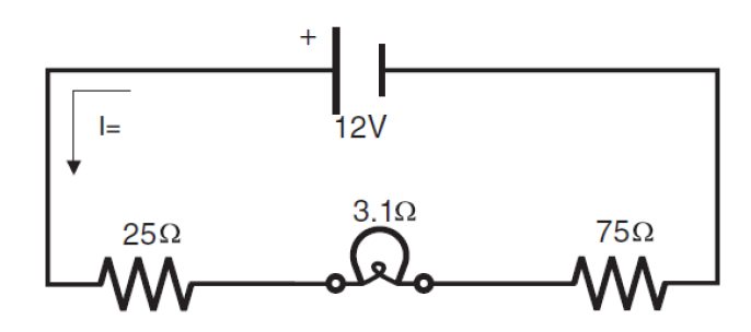 <p>Calculate the current in the circuit below.</p><p><br></p>
